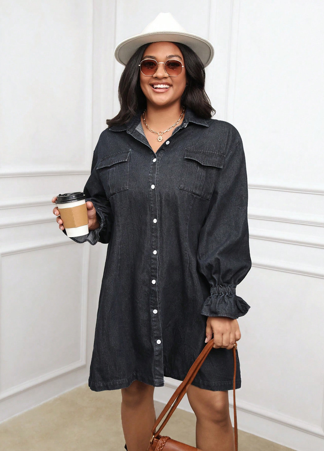 Темно-серое джинсовое, кэжуал платье рубашка SHEIN однотонное
