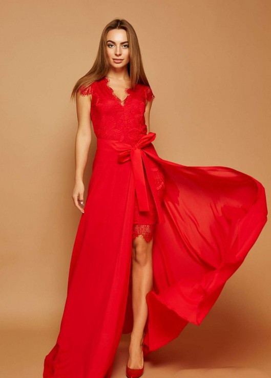 Червона вечірня сукня а-силует, з спідницею-сонце, футляр FashionYouWant однотонна