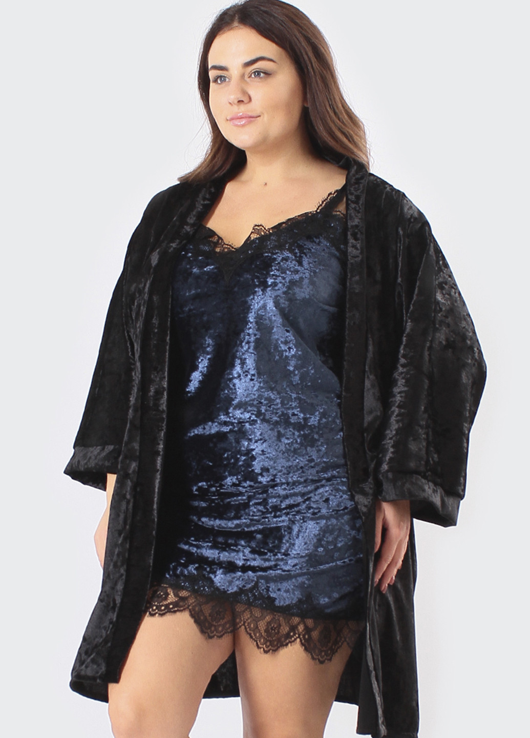 Синий демисезонный комплект (ночная рубашка, халат) Ghazel