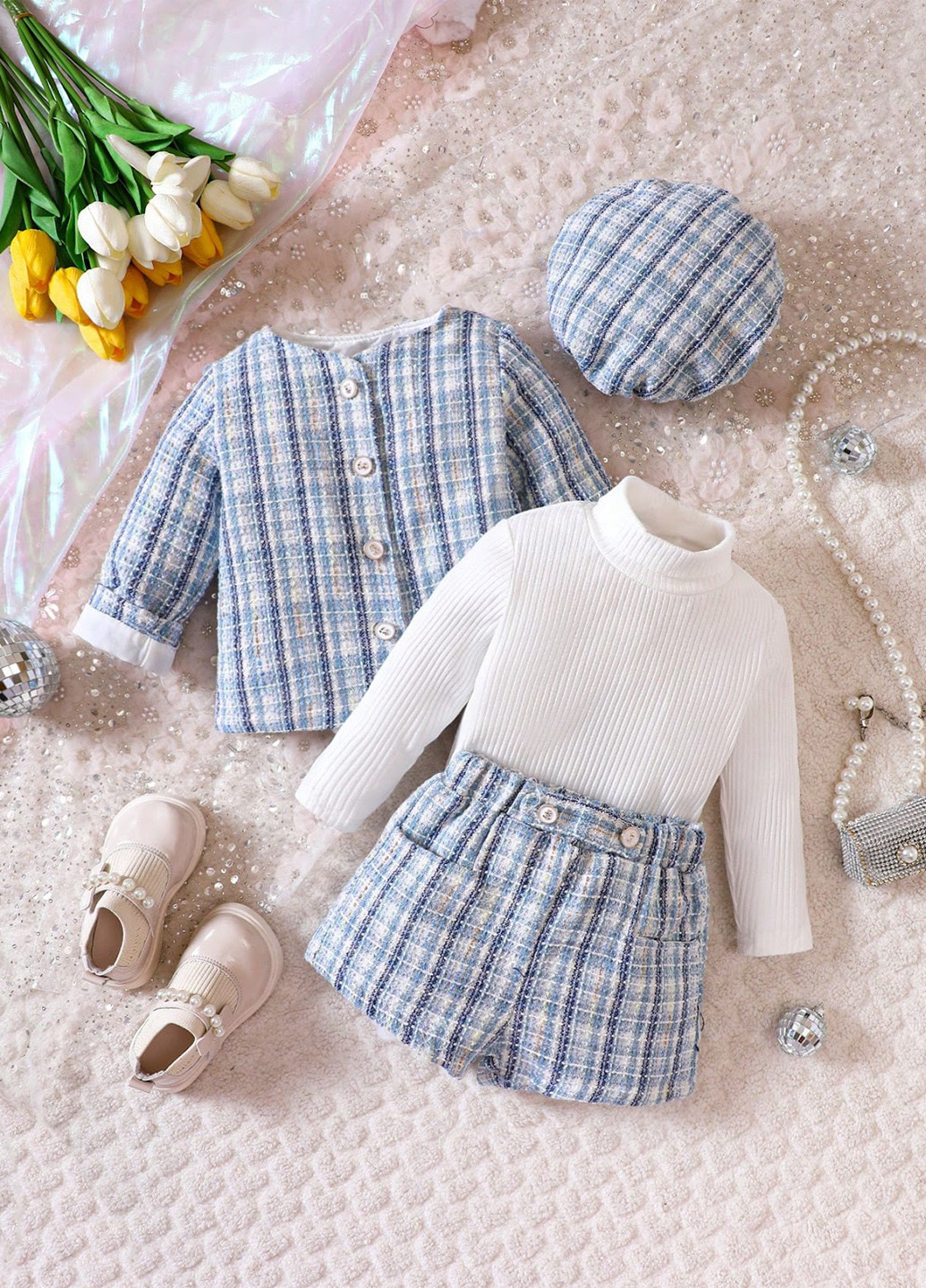 Голубой демисезонный костюм (жакет, гольф, шорты, берет) юбочный SHEIN