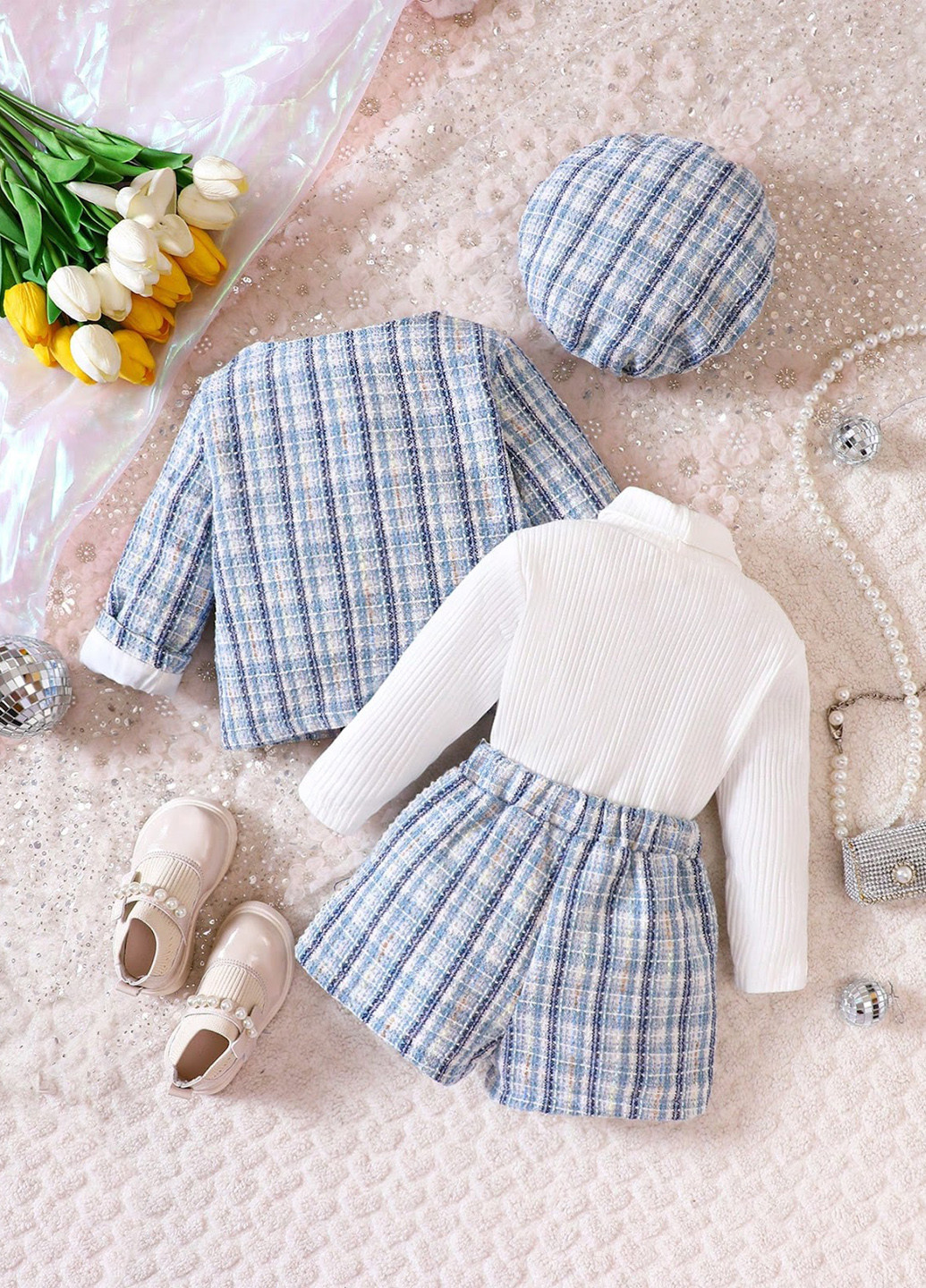 Голубой демисезонный костюм (жакет, гольф, шорты, берет) юбочный SHEIN