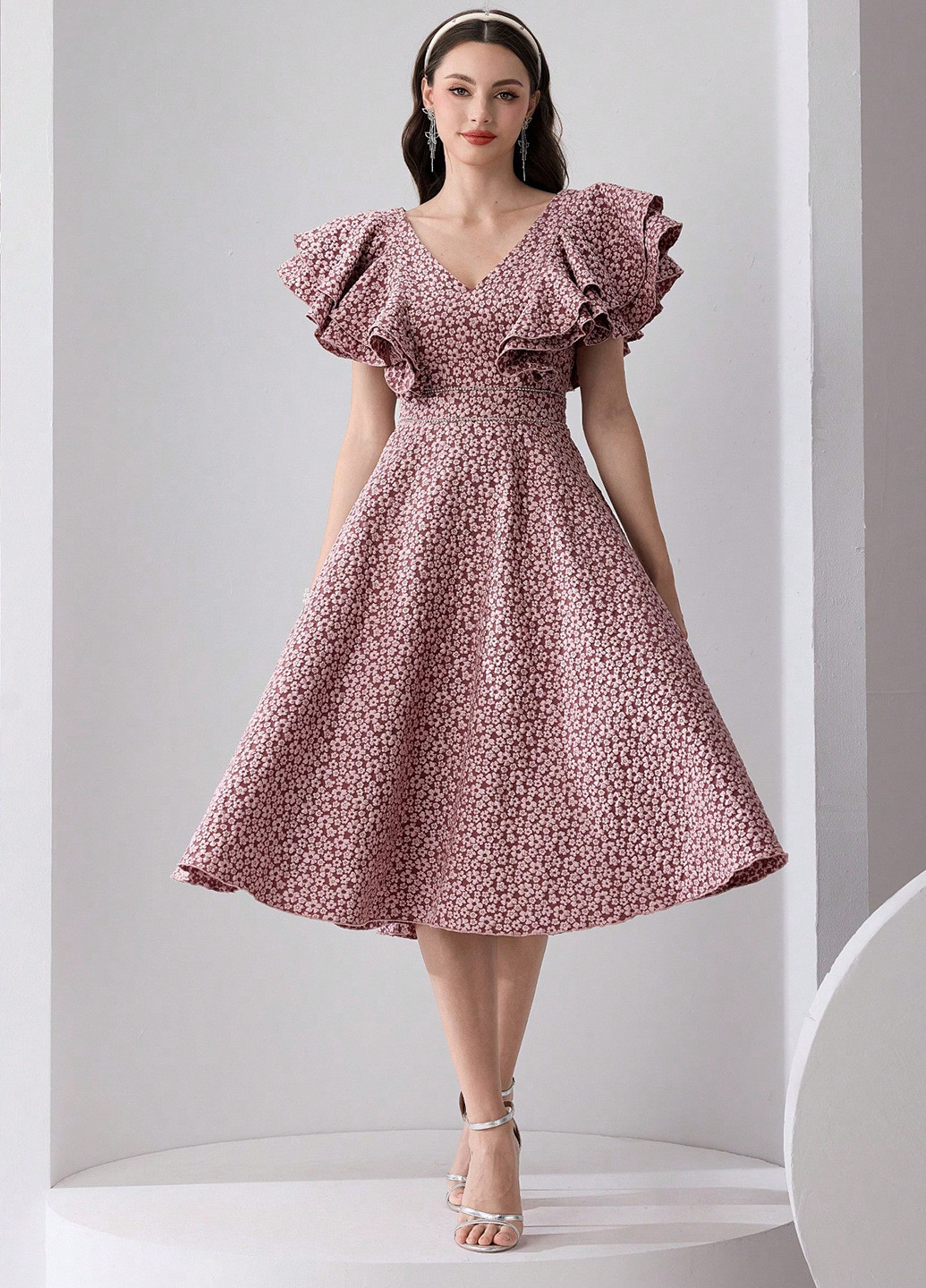 Светло-бордовое кэжуал платье клеш SHEIN с цветочным принтом