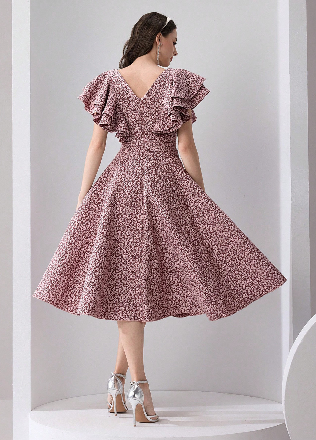 Светло-бордовое кэжуал платье клеш SHEIN с цветочным принтом