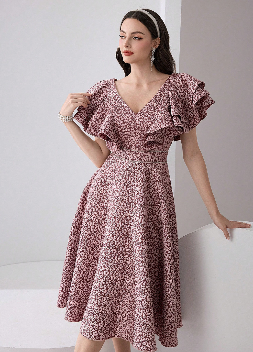 Светло-бордовое кэжуал платье клеш SHEIN с цветочным принтом