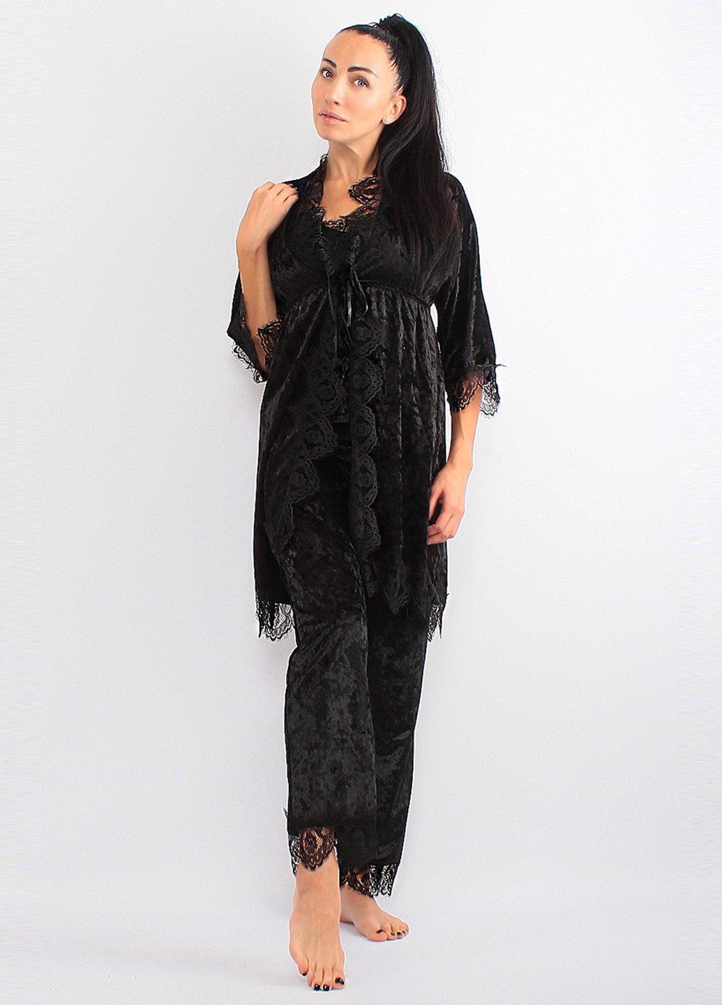 Чорний демісезонний комплект (халат, топ, штани) Ghazel