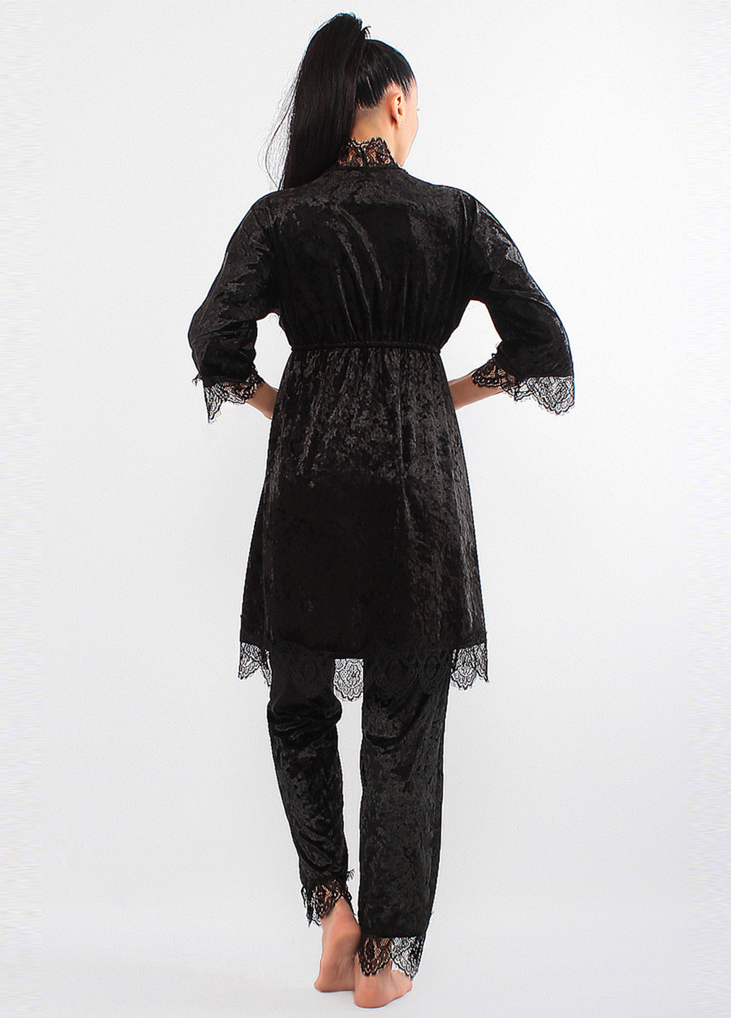 Чорний демісезонний комплект (халат, топ, штани) Ghazel