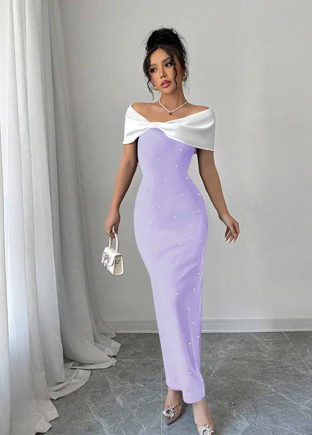 Лиловое вечернее платье силуэтная, футляр SHEIN однотонное