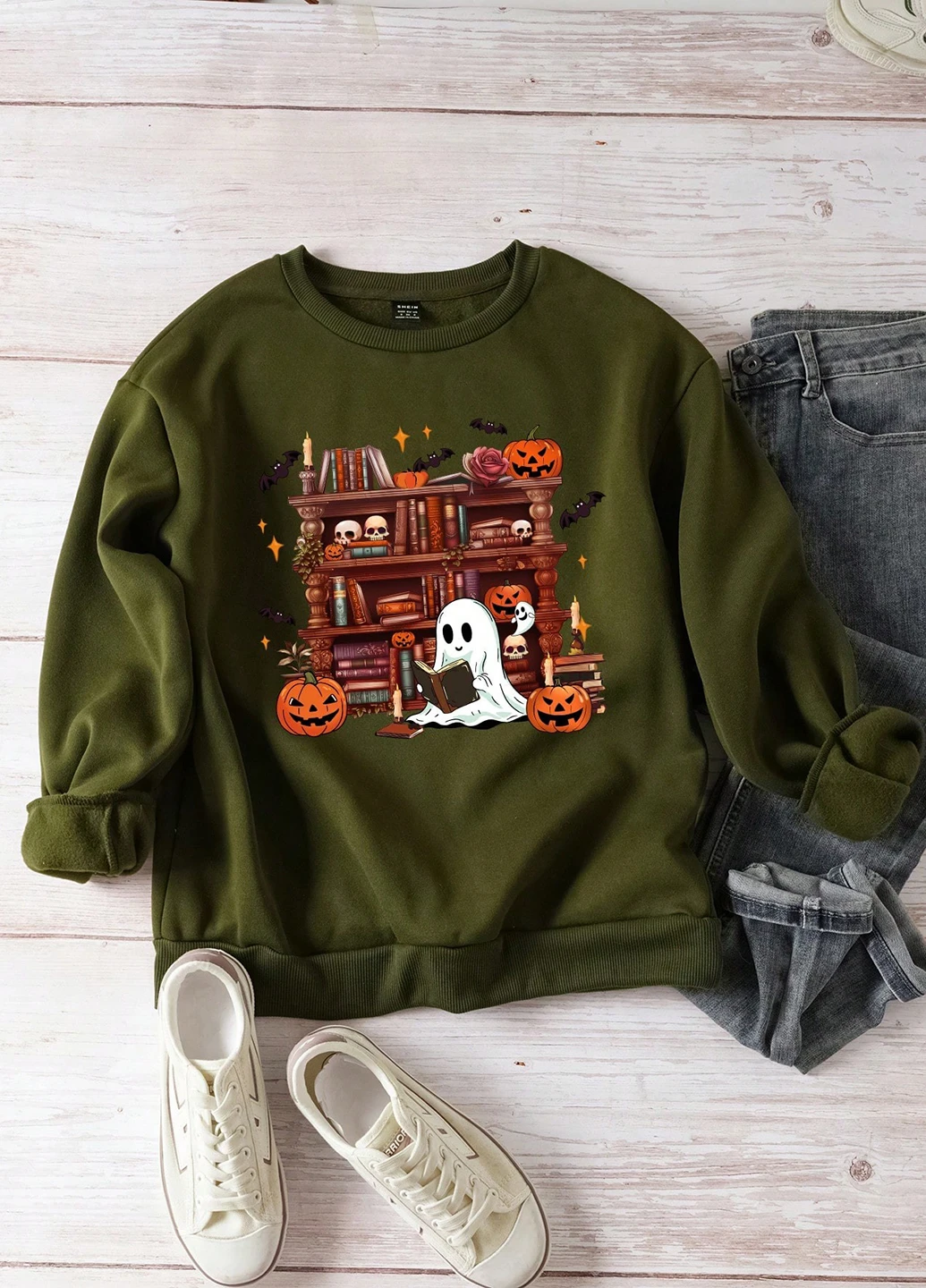 Хаки свитшот SHEIN рисунок без декора (316507389)