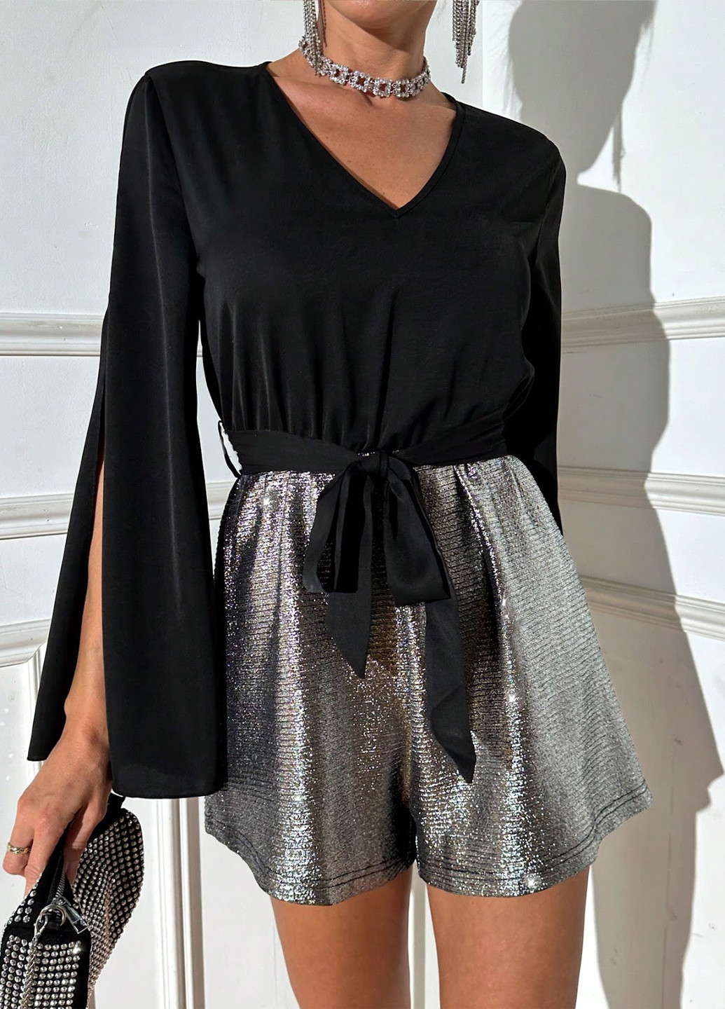 Комбинезон SHEIN комбинезон-шорты однотонный чёрный коктейльный полиэстер