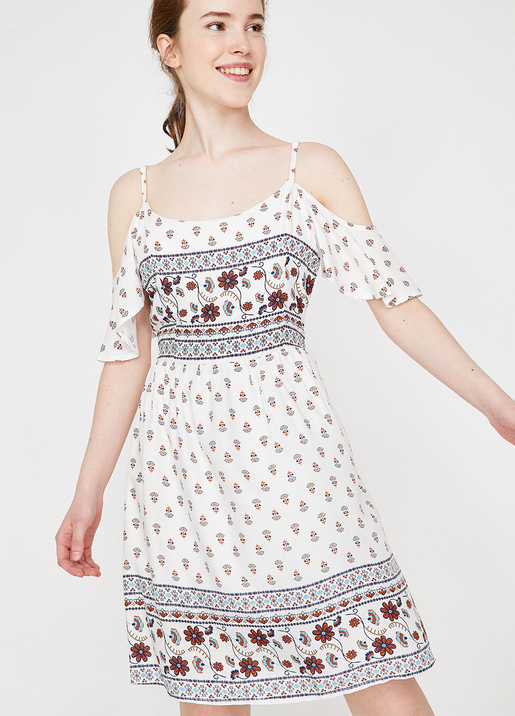 Білий кежуал плаття, сукня кльош KOTON з квітковим принтом