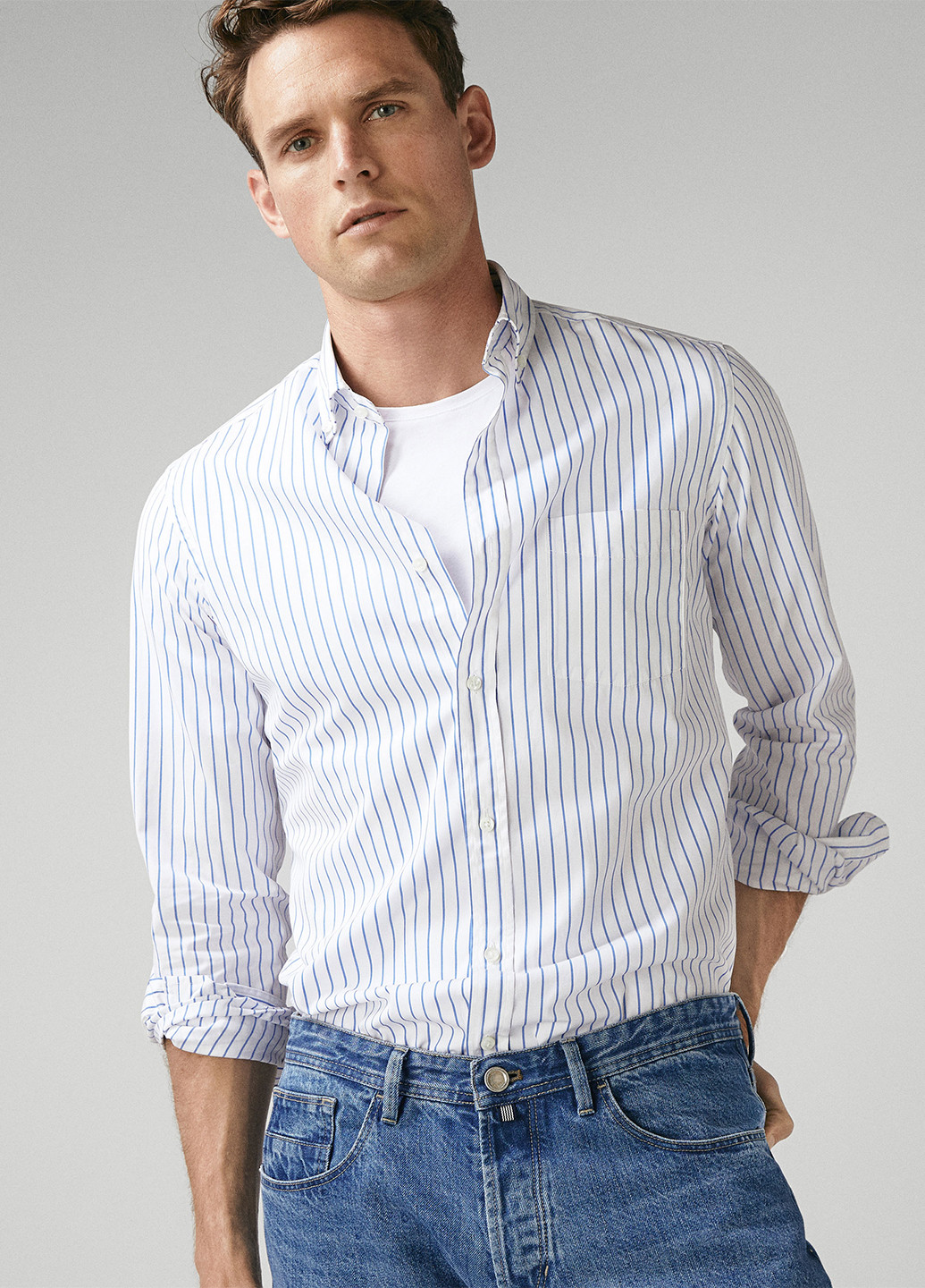 Белая кэжуал рубашка в полоску Massimo Dutti