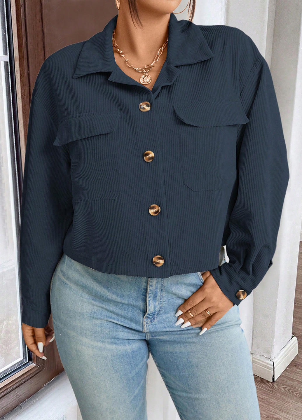 Серо-синяя кэжуал рубашка однотонная SHEIN