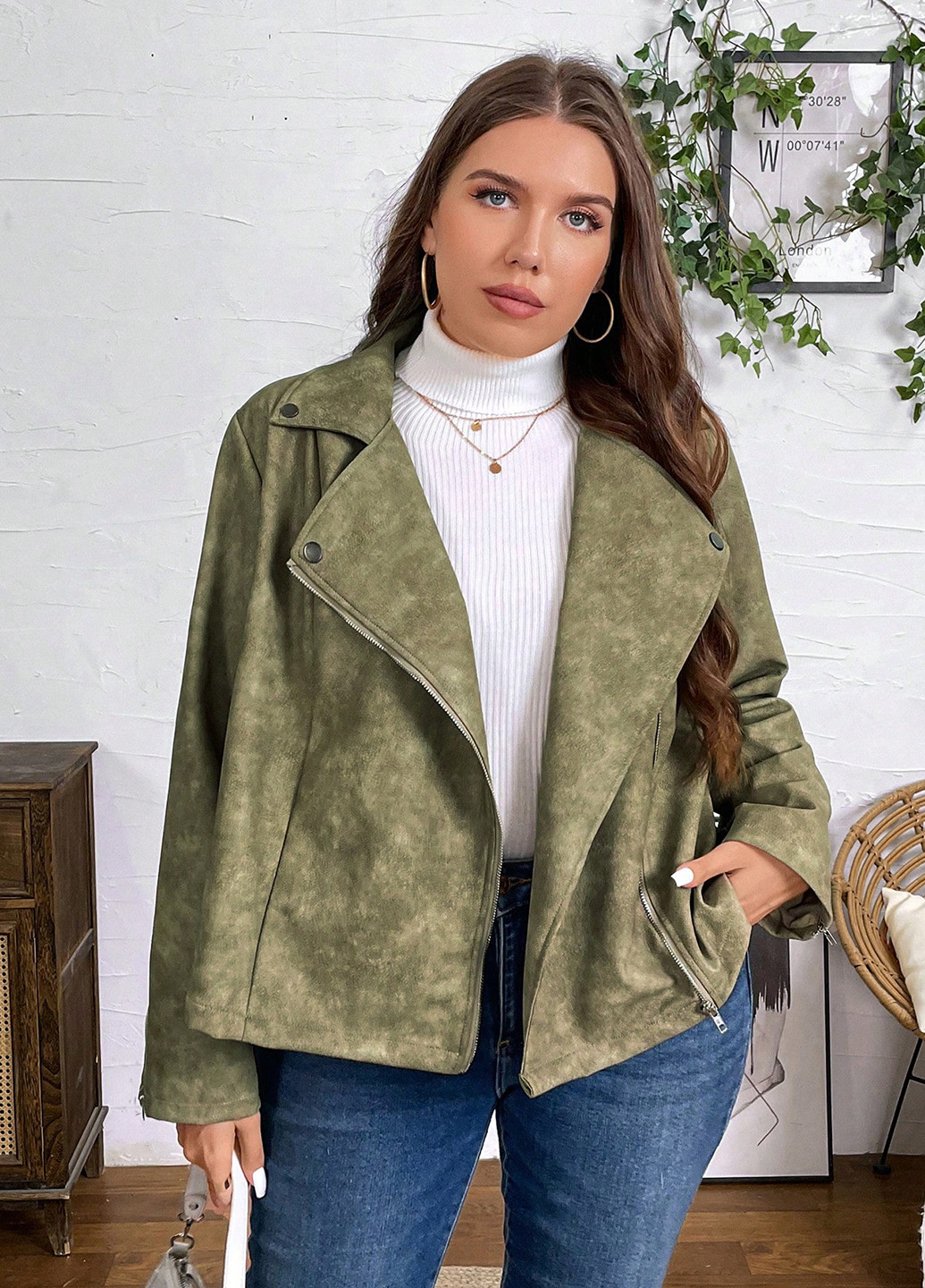 Оливкова (хакі) демісезонна куртка косуха SHEIN