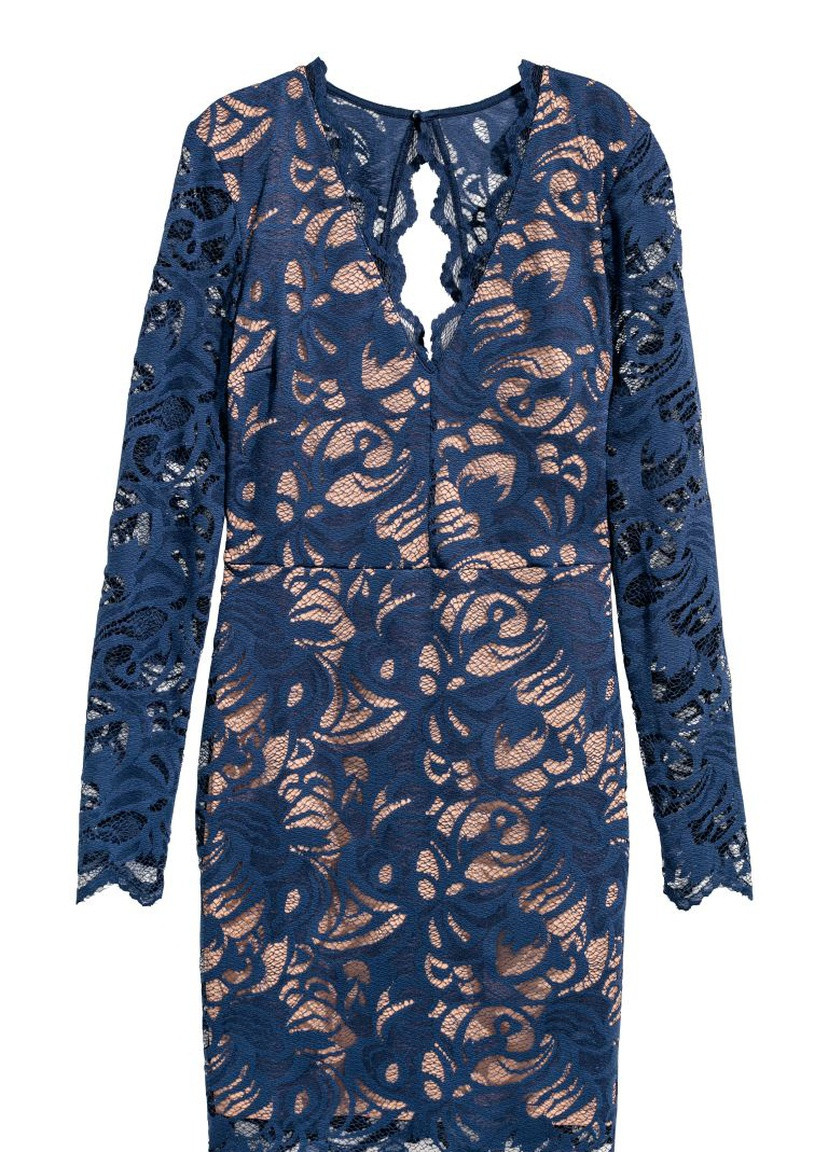 Темно-синее кэжуал платье кружевное H&M с цветочным принтом