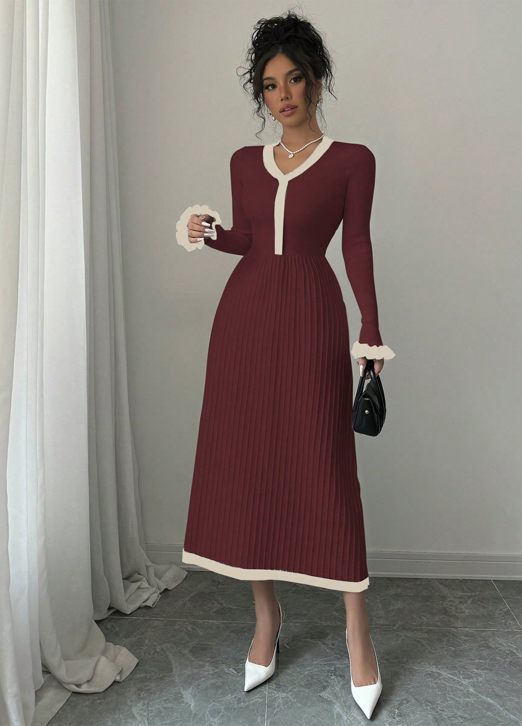 Бордова кежуал сукня кльош, сукня светр SHEIN колор блок