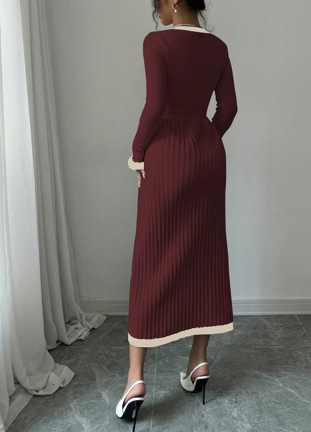 Бордова кежуал сукня кльош, сукня светр SHEIN колор блок