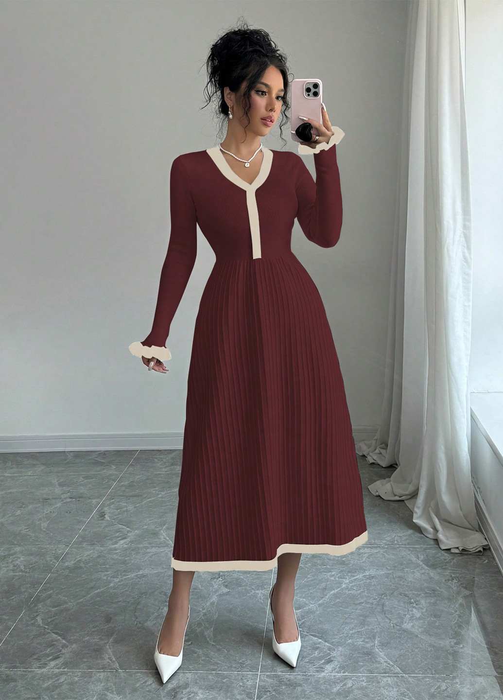 Бордова кежуал сукня кльош, сукня светр SHEIN колор блок