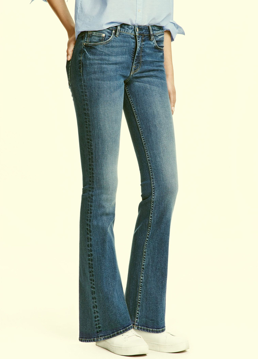 Джинси H&M кльош, буткат фіт однотонні світло-сині джинсові бавовна