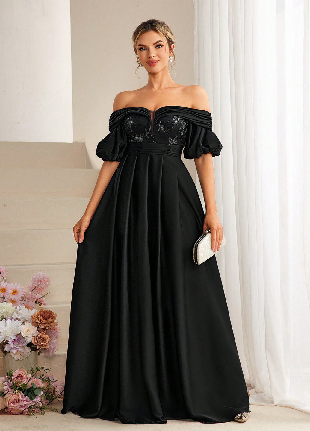 Черное вечернее платье клеш, с открытыми плечами SHEIN однотонное