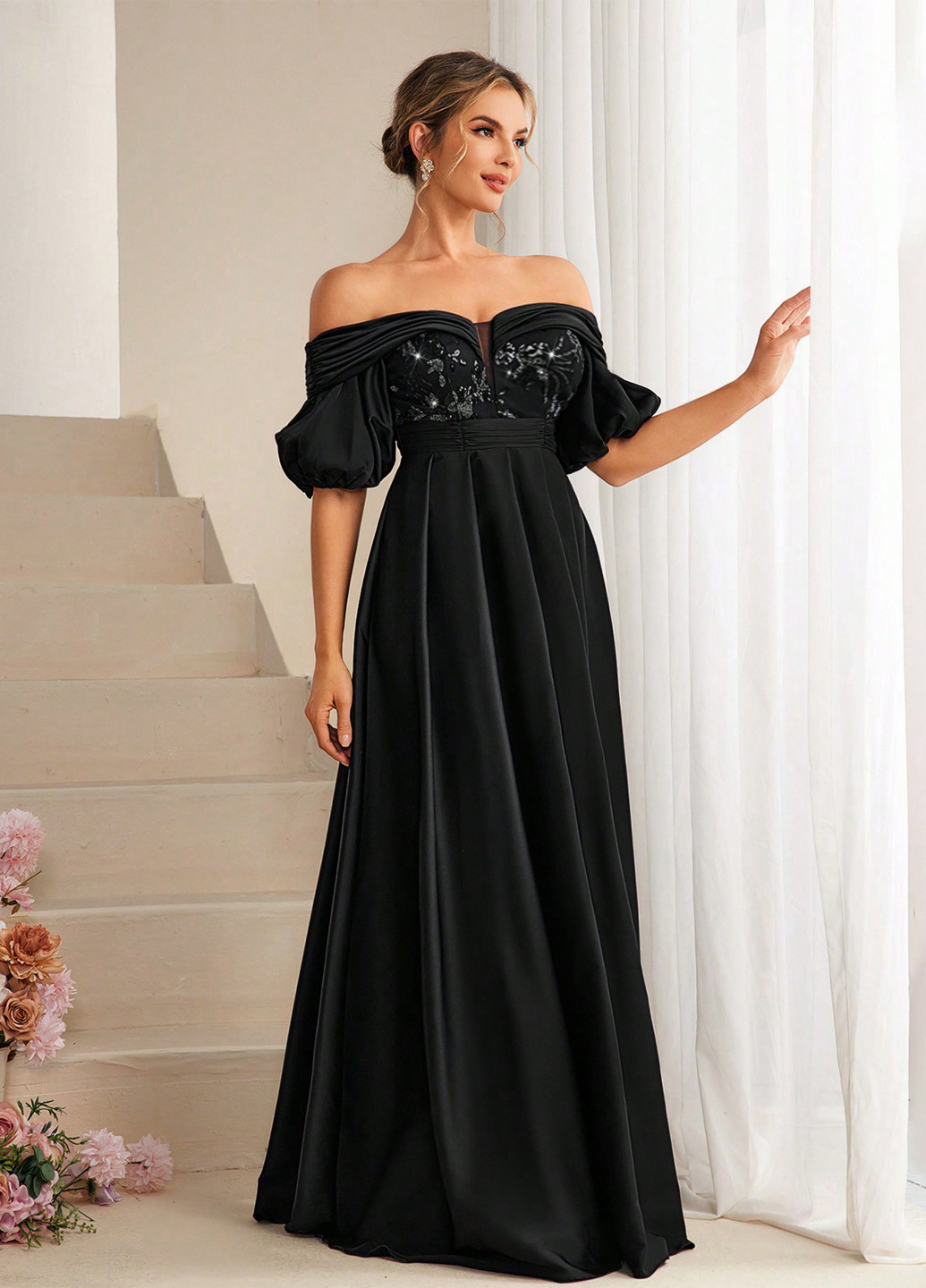 Черное вечернее платье клеш, с открытыми плечами SHEIN однотонное