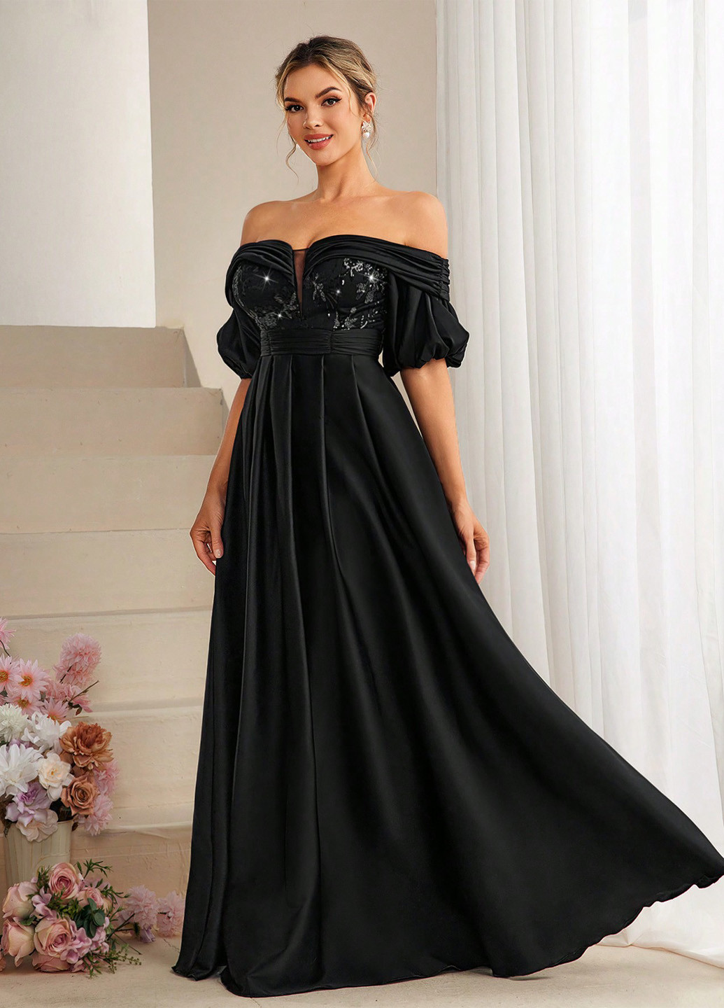 Черное вечернее платье клеш, с открытыми плечами SHEIN однотонное