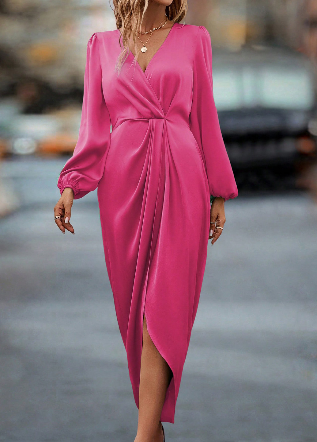 Фуксинова (кольору Фукія) святковий, кежуал сукня на запах SHEIN однотонна