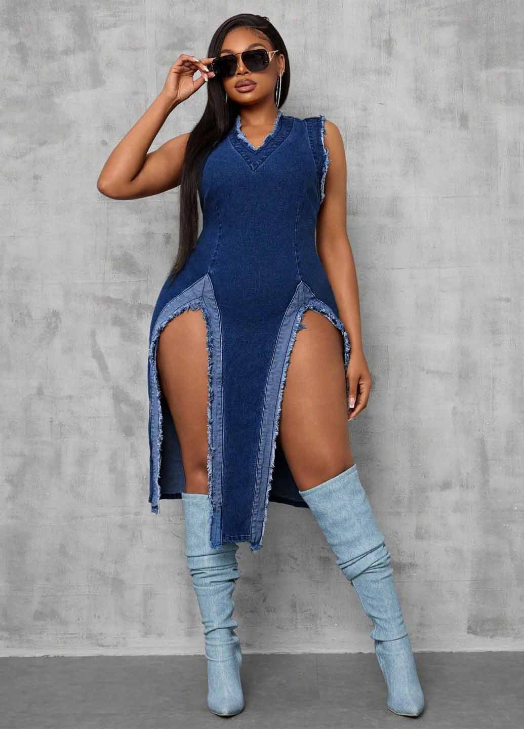 Темно-синее джинсовое платье SHEIN однотонное