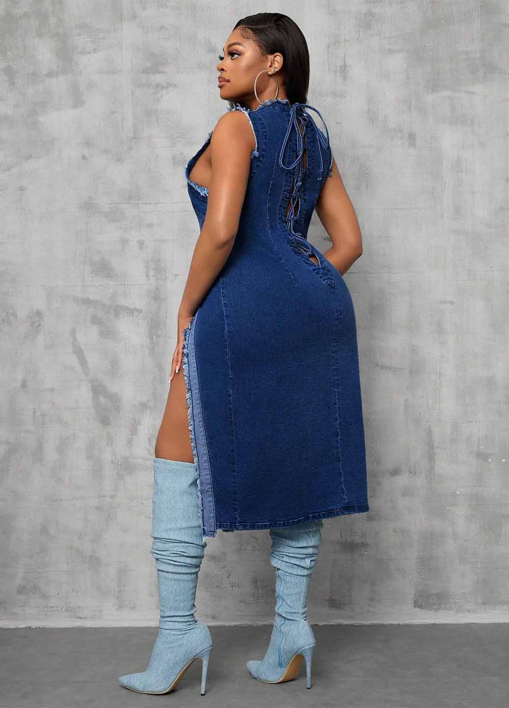 Темно-синее джинсовое платье SHEIN однотонное