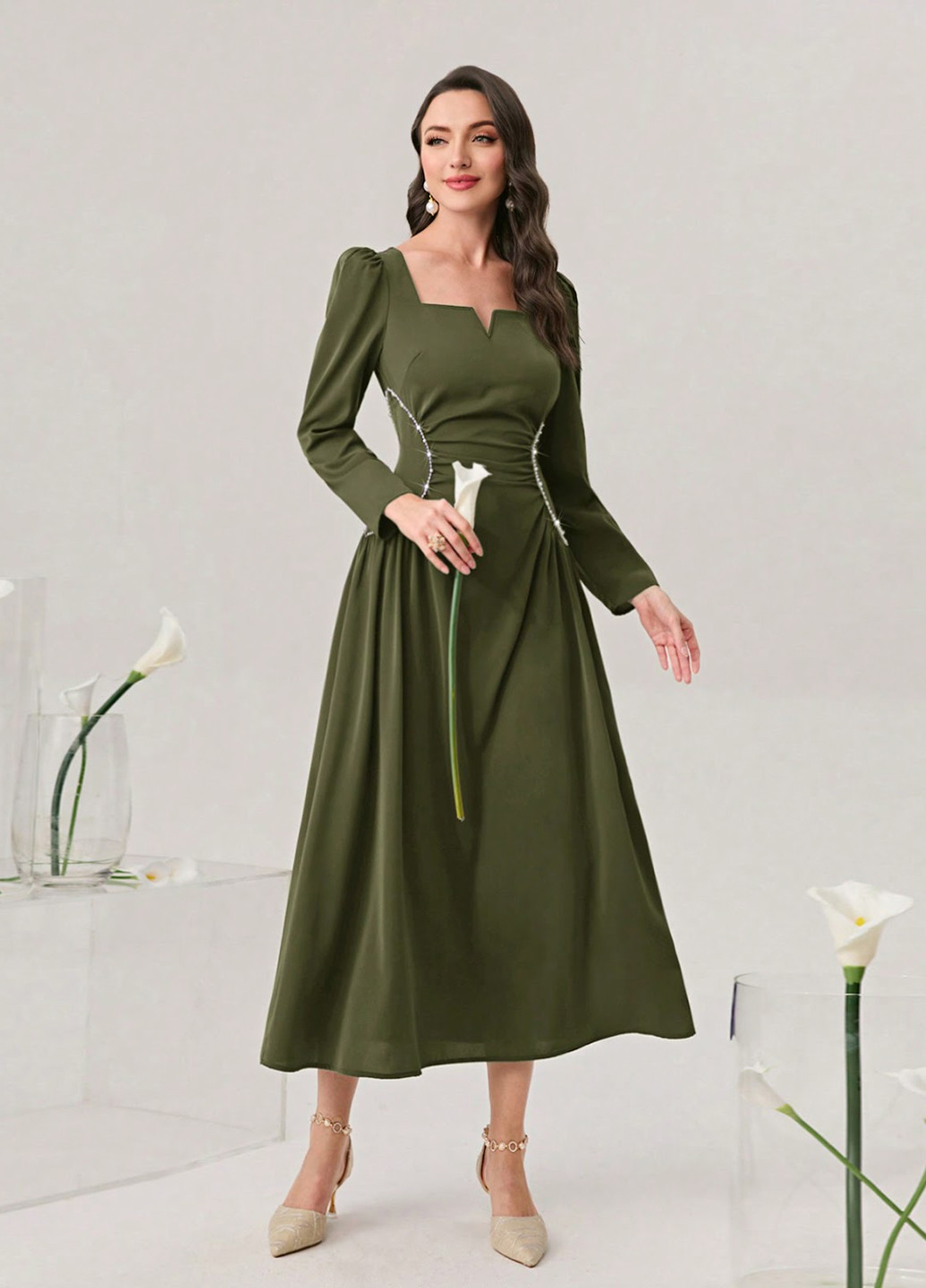 Оливкова (хакі) кежуал сукня кльош SHEIN однотонна