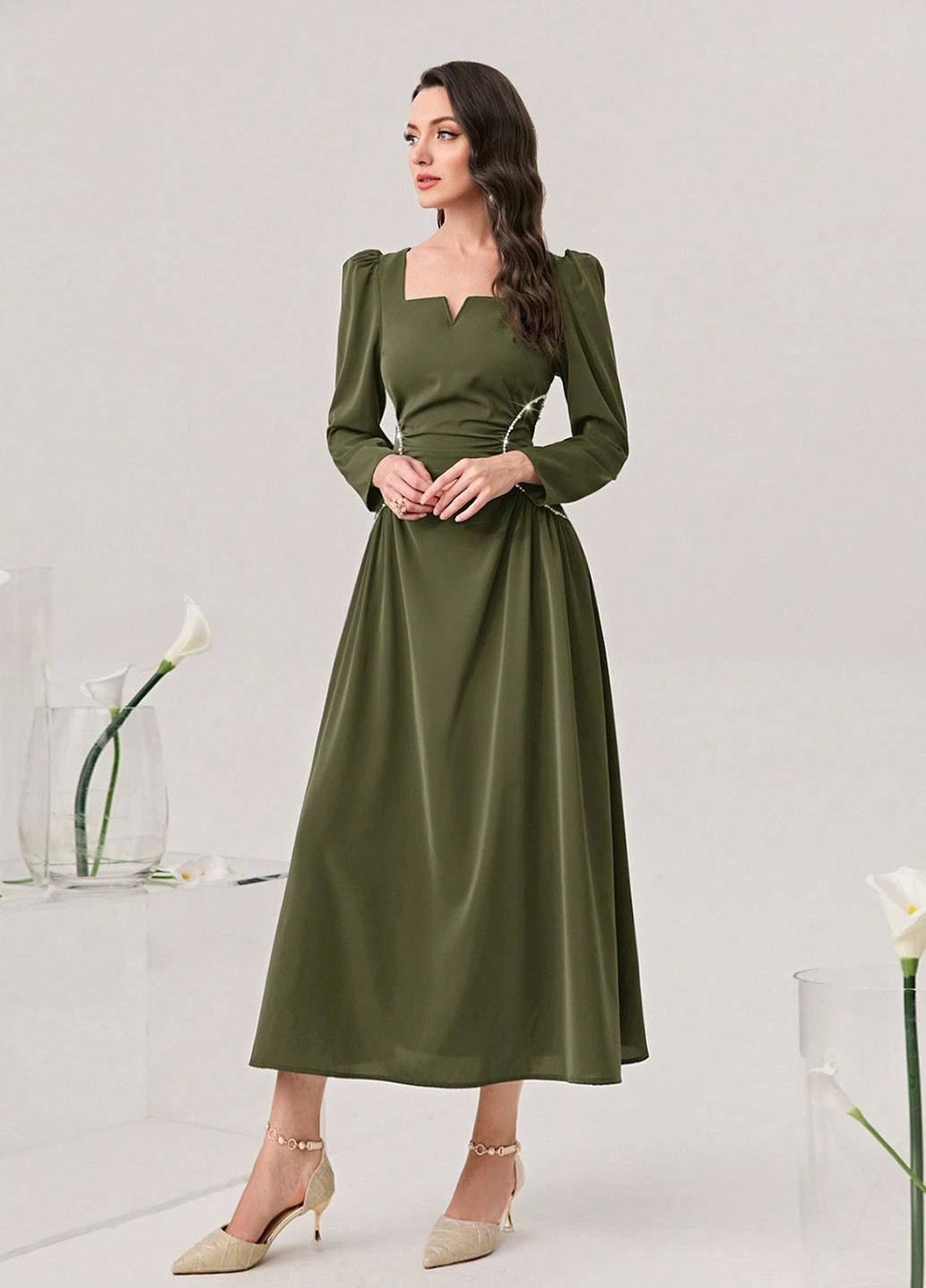 Оливкова (хакі) кежуал сукня кльош SHEIN однотонна