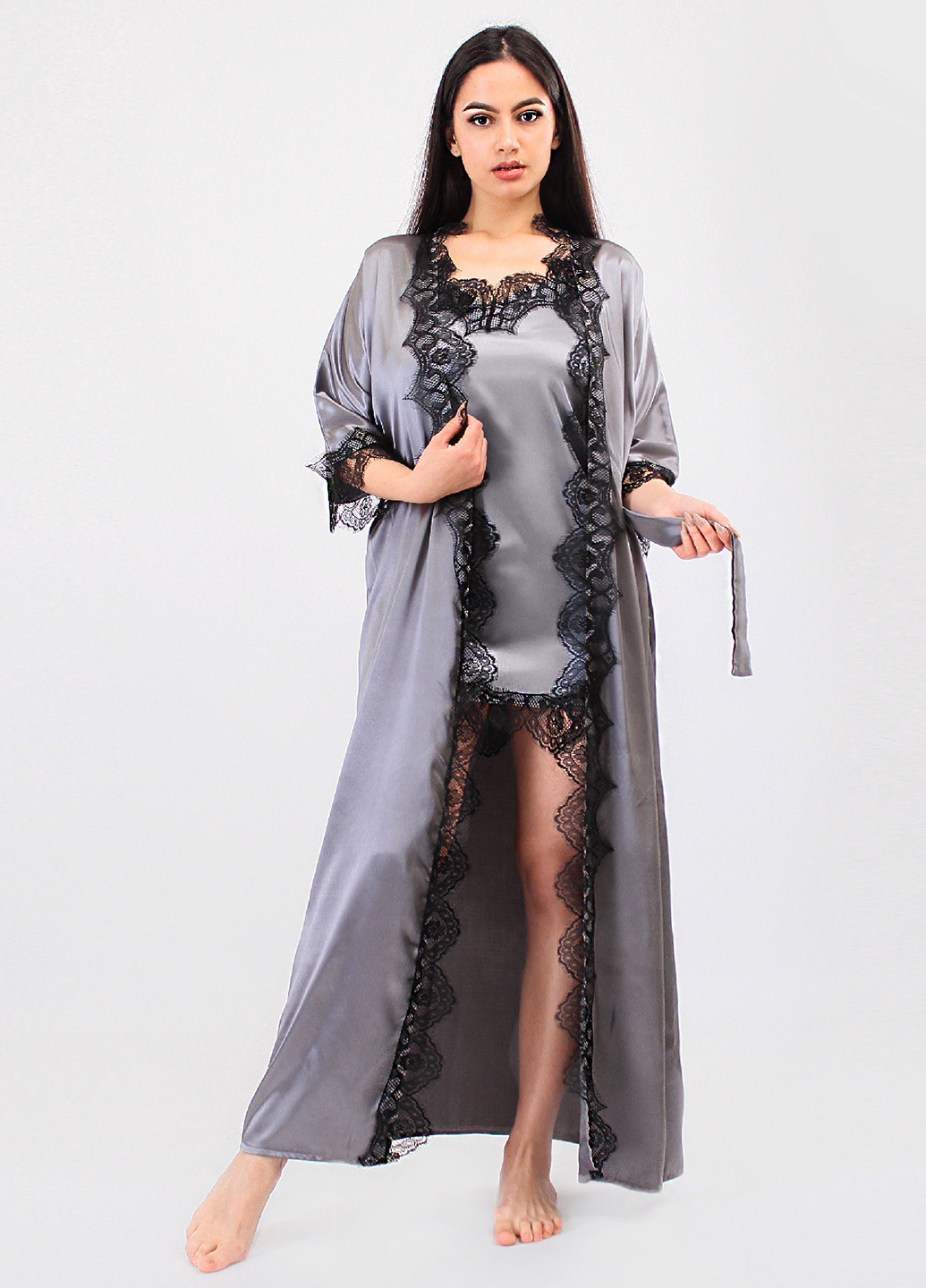Темно-серый демисезонный комплект (ночная рубашка, халат) Ghazel