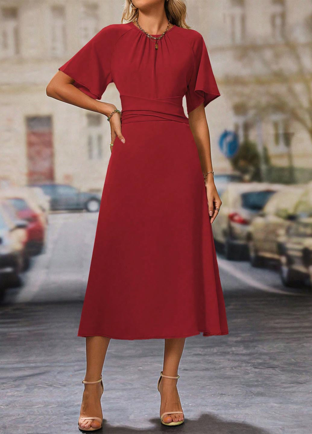 Красное праздничный, деловое, кэжуал платье а-силуэт SHEIN однотонное