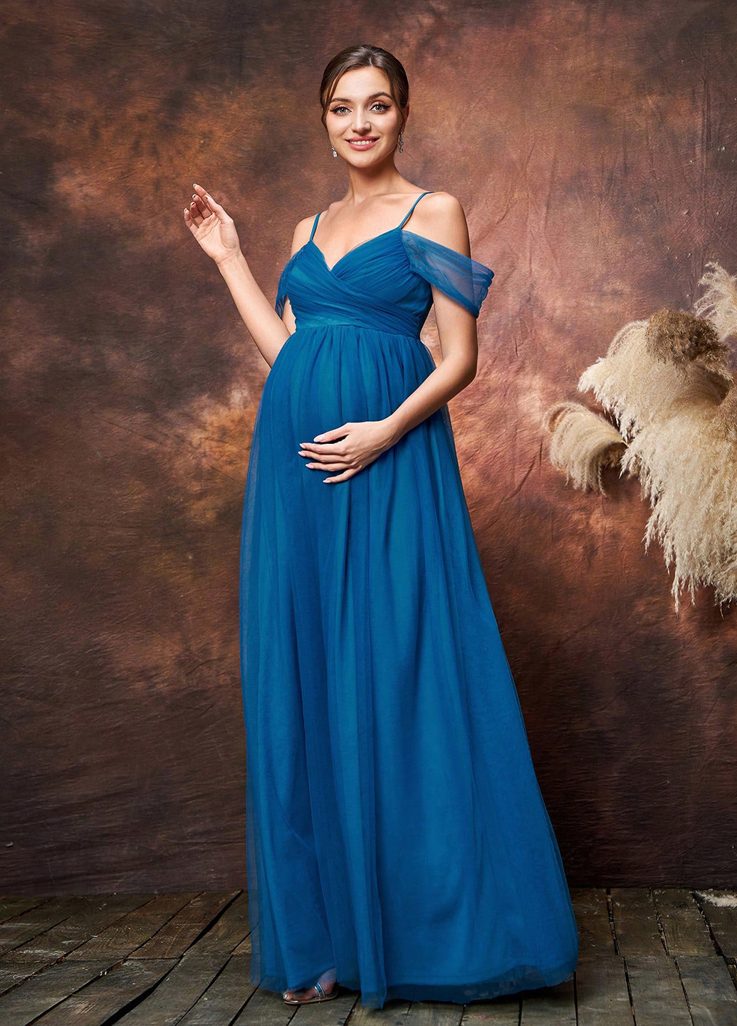 Морської хвилі святковий, вечірня сукня для вагітних з відкритими плечима SHEIN однотонна