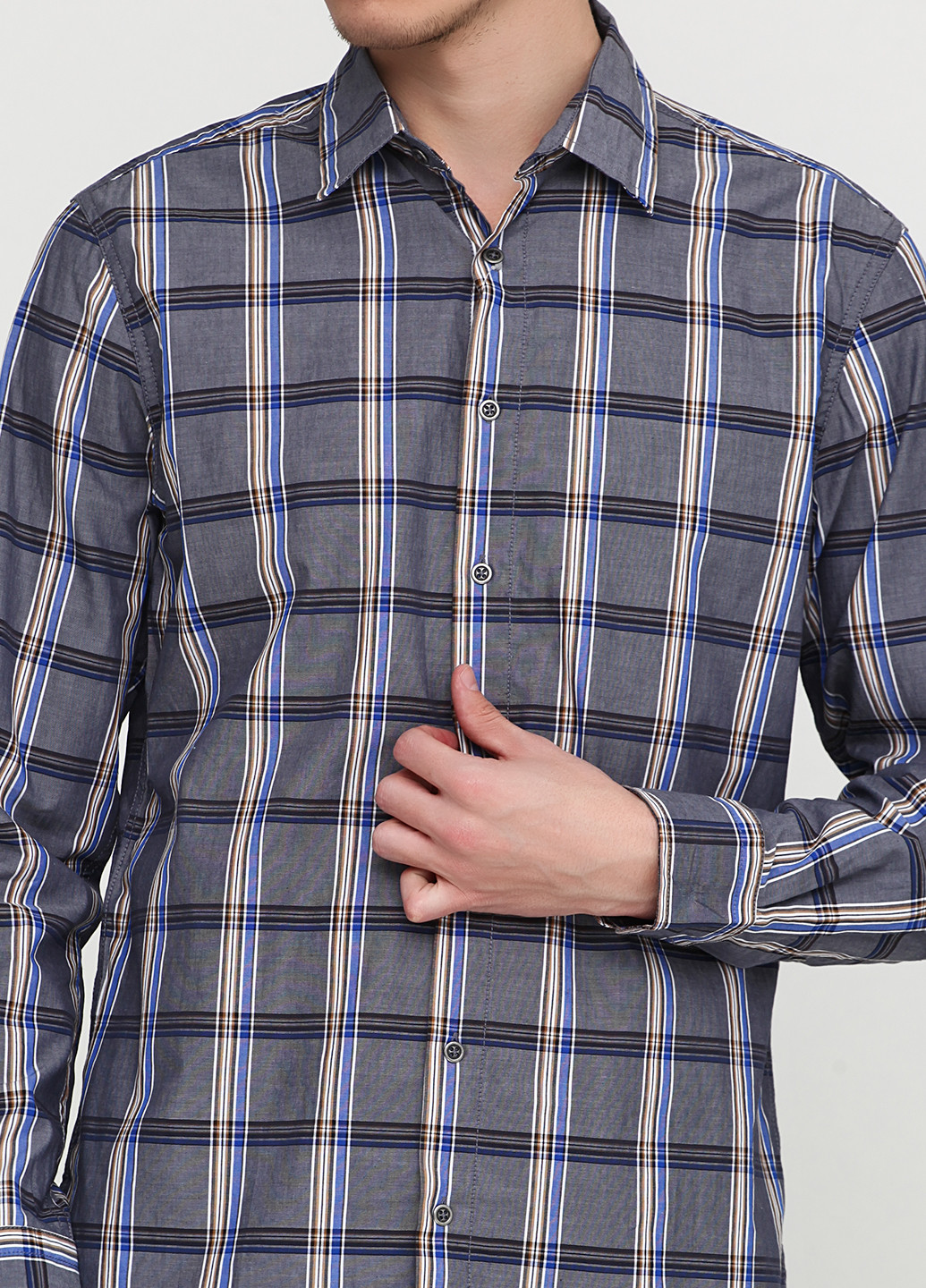 Серо-синяя кэжуал рубашка в клетку Livergy с длинным рукавом