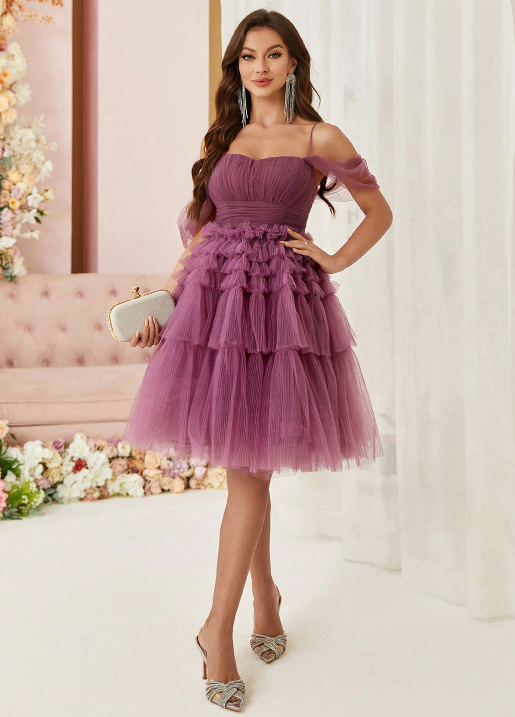 Фиолетовое коктейльное, праздничный платье бэби долл, клеш, с открытыми плечами SHEIN однотонное