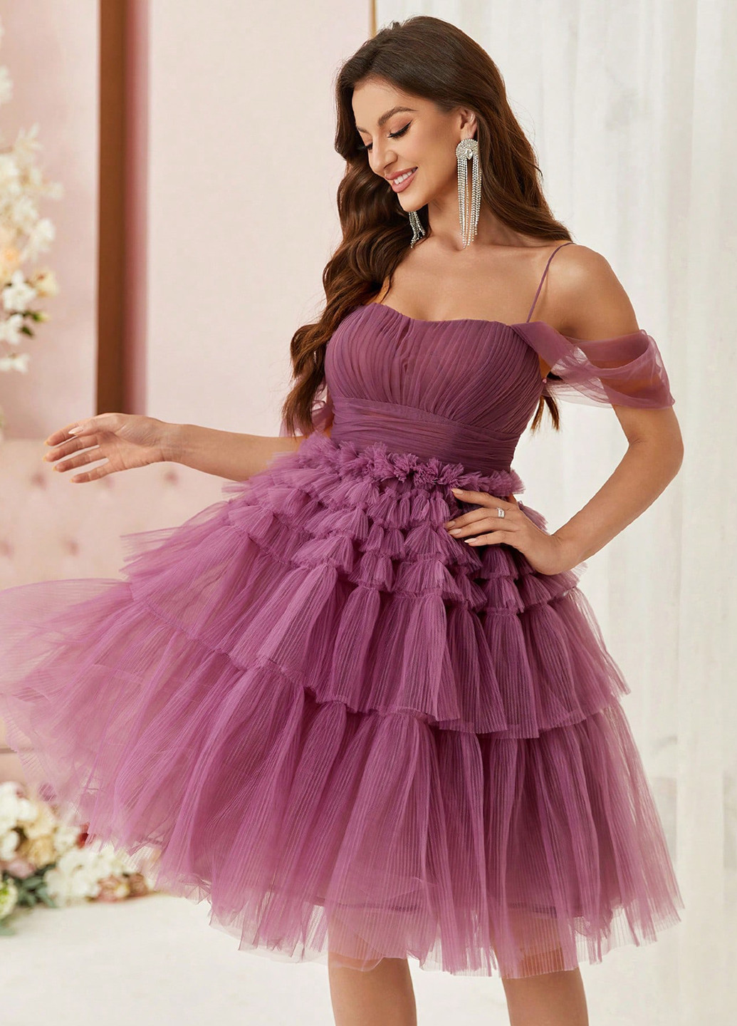 Фиолетовое коктейльное, праздничный платье бэби долл, клеш, с открытыми плечами SHEIN однотонное