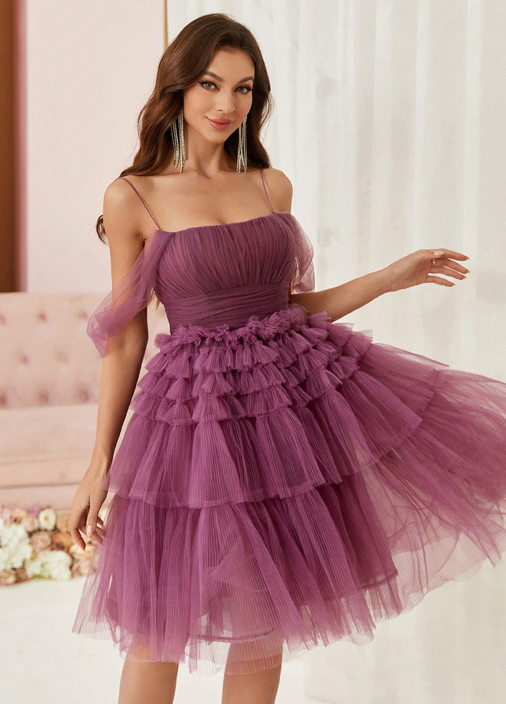 Фиолетовое коктейльное, праздничный платье бэби долл, клеш, с открытыми плечами SHEIN однотонное