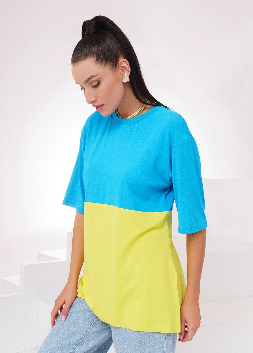 Сине-желтая всесезон футболка женская с коротким рукавом ISSA PLUS 13341