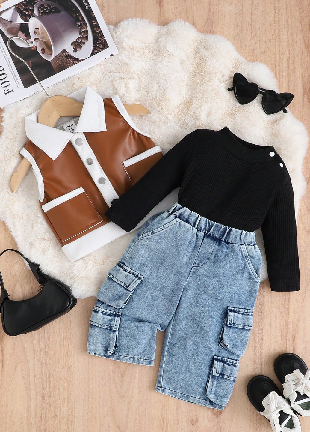 Комбинированный демисезонный комплект (жилет, лонгслив, джинсы) SHEIN