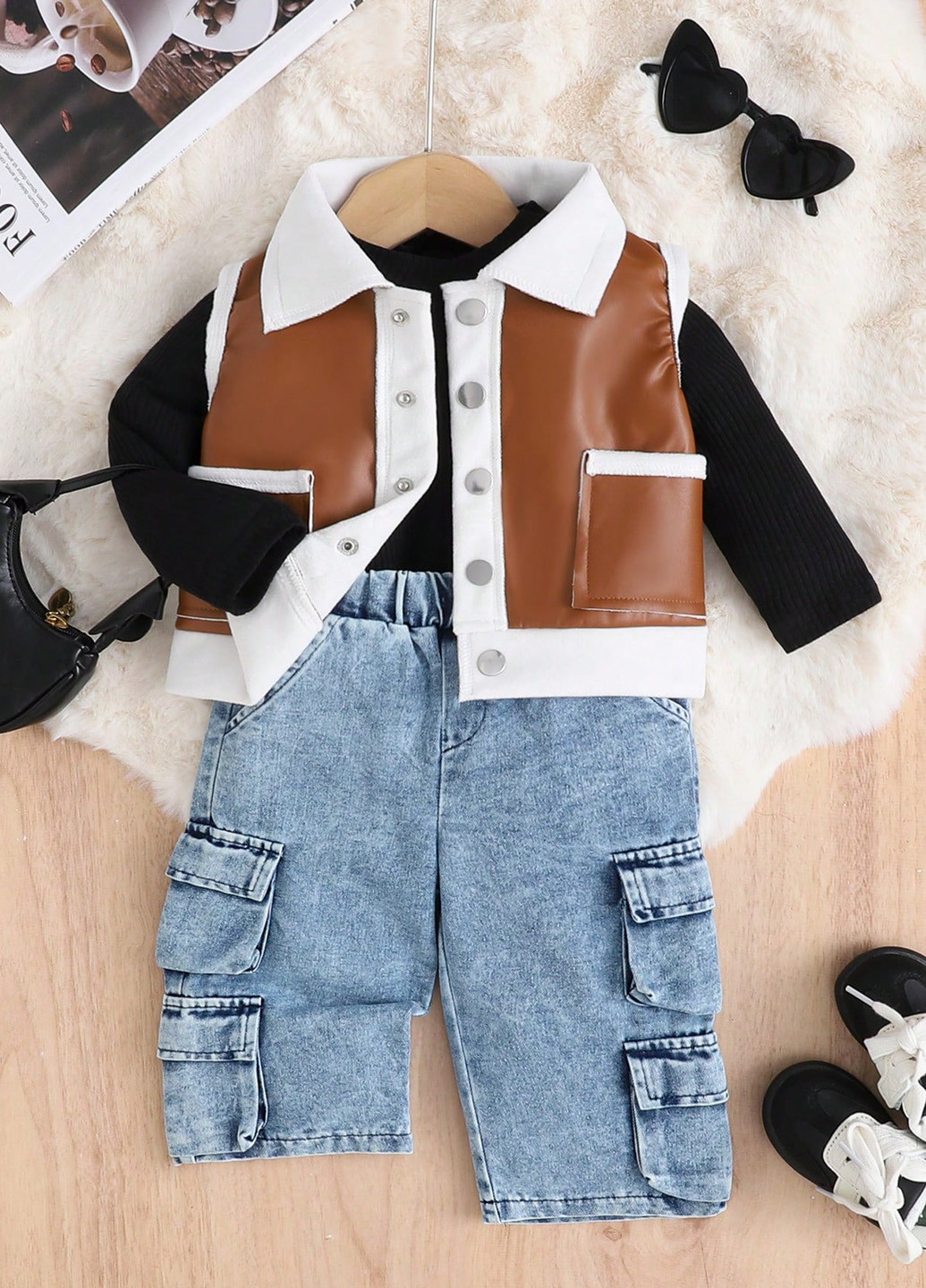 Комбинированный демисезонный комплект (жилет, лонгслив, джинсы) SHEIN