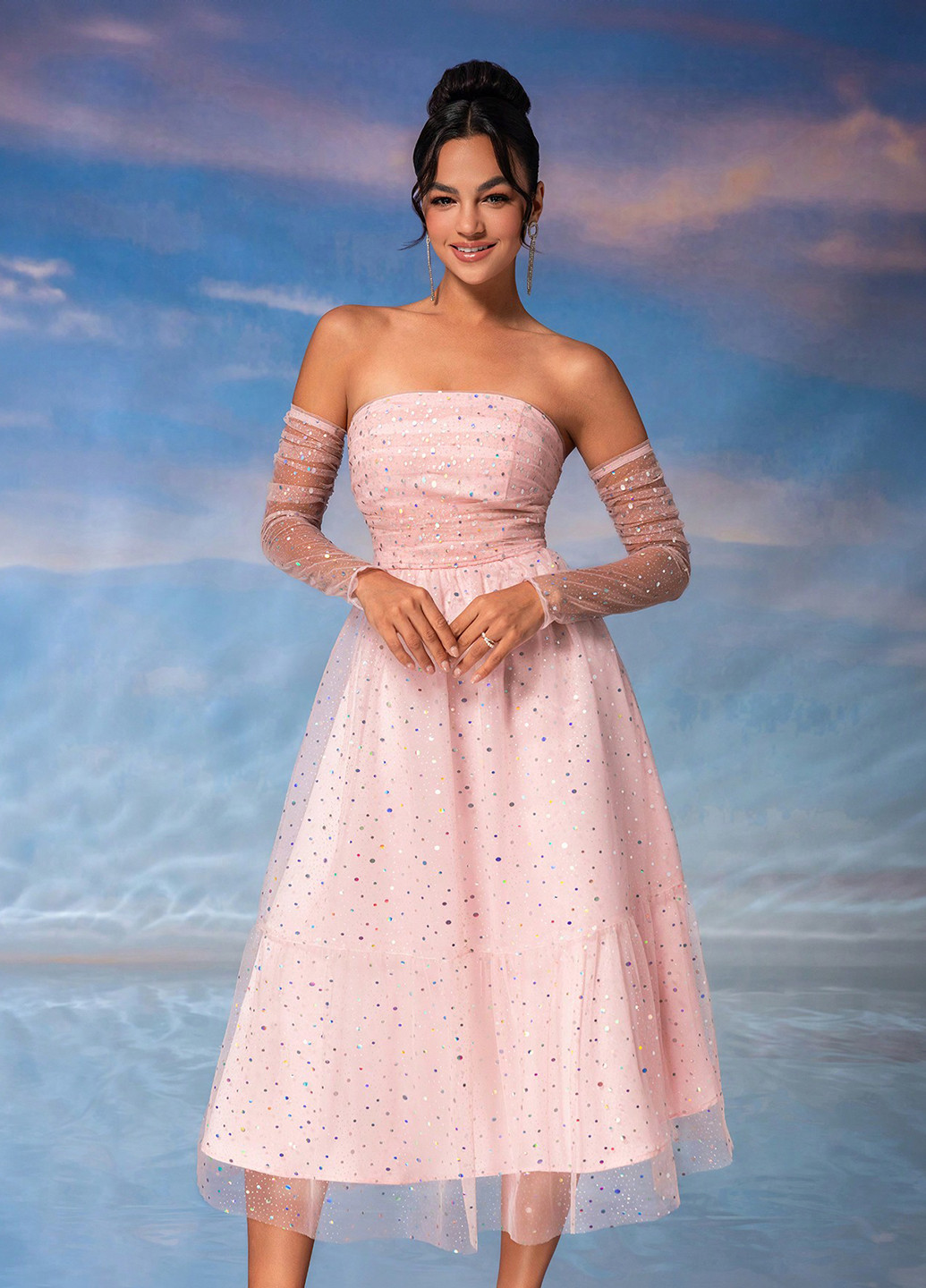 Светло-розовое вечернее, коктейльное, праздничный платье а-силуэт, бандо, с открытыми плечами SHEIN однотонное