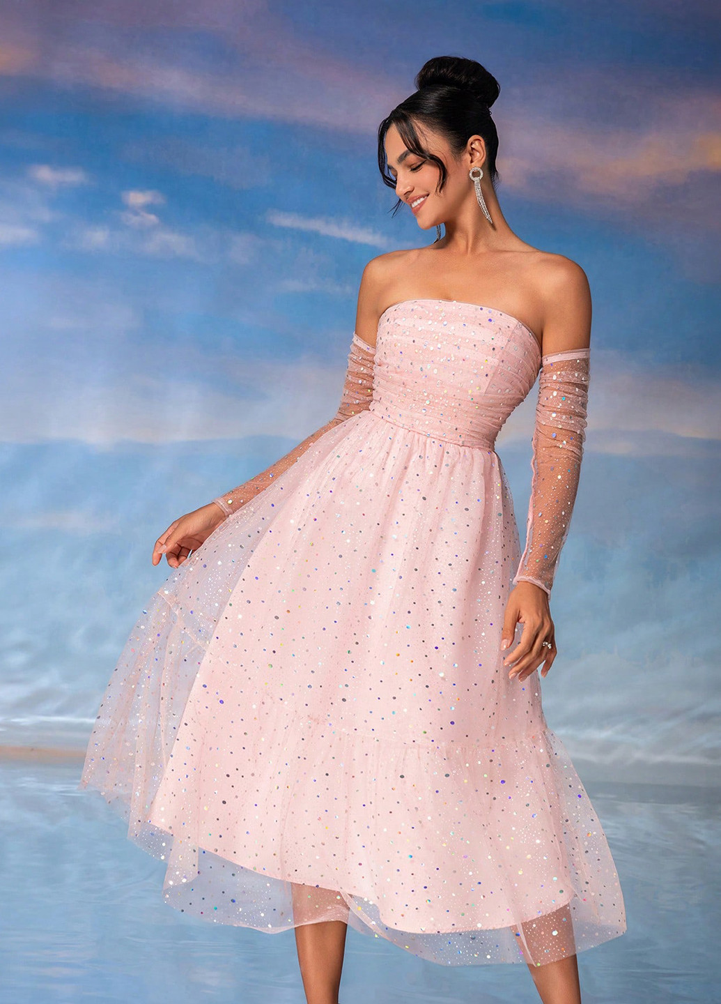 Светло-розовое вечернее, коктейльное, праздничный платье а-силуэт, бандо, с открытыми плечами SHEIN однотонное