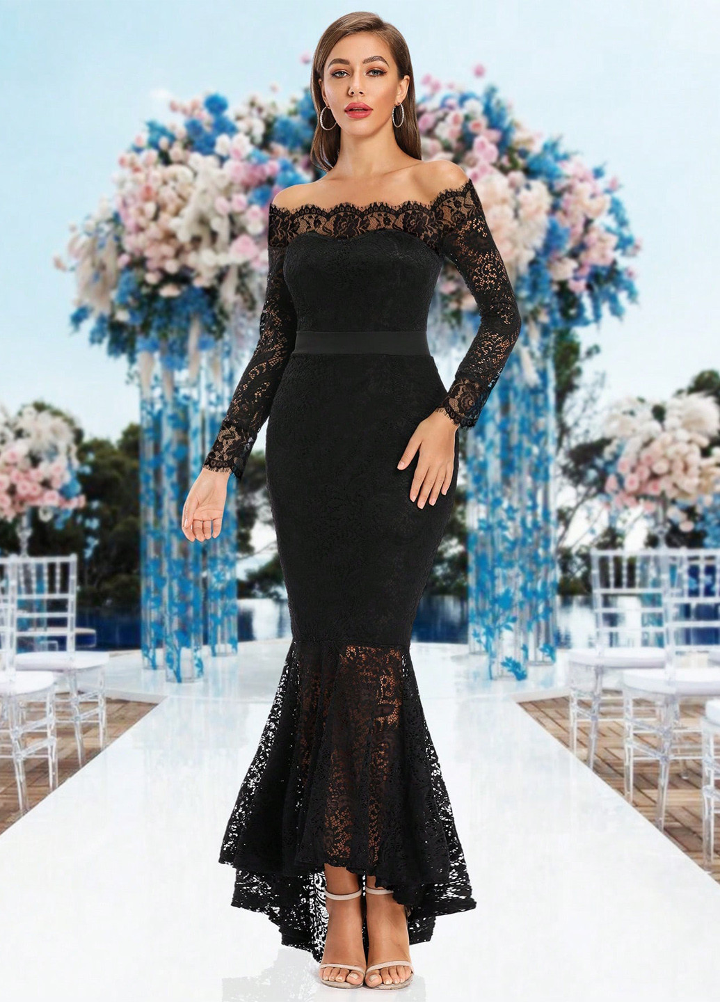 Чорна вечірня сукня годе, з відкритими плечима SHEIN однотонна