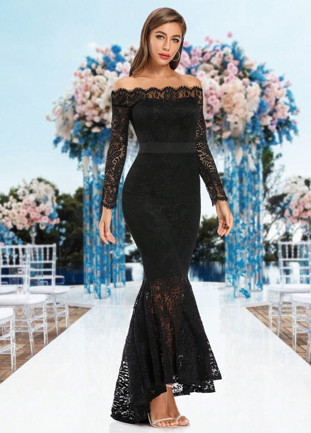 Чорна вечірня сукня годе, з відкритими плечима SHEIN однотонна