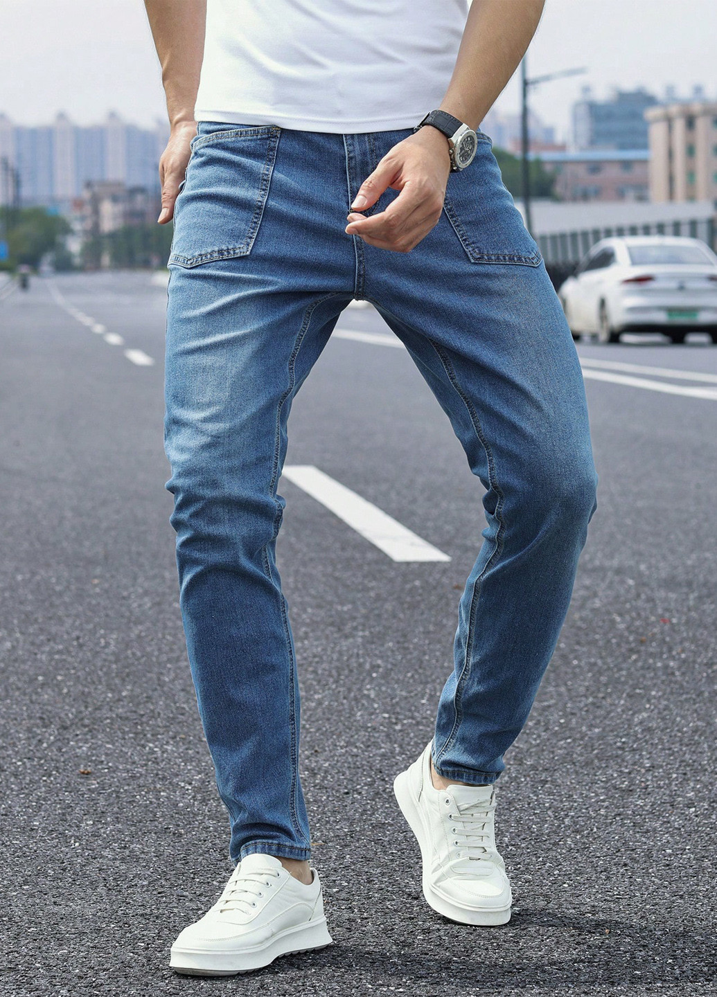 Синие демисезонные слим джинсы SHEIN