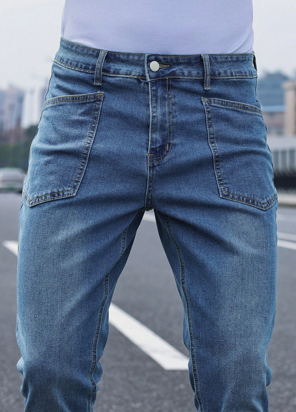 Синие демисезонные слим джинсы SHEIN