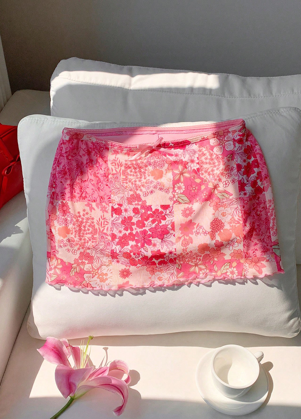 Розовая кэжуал цветочной расцветки юбка SHEIN а-силуэта (трапеция)