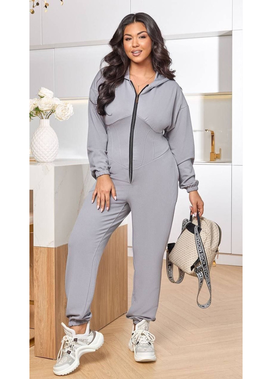 Комбінезон No Brand комбінезон-брюки однотонний сірий спортивний, кежуал поліестер, трикотаж