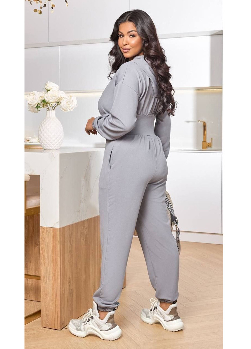 Комбінезон No Brand комбінезон-брюки однотонний сірий спортивний, кежуал поліестер, трикотаж
