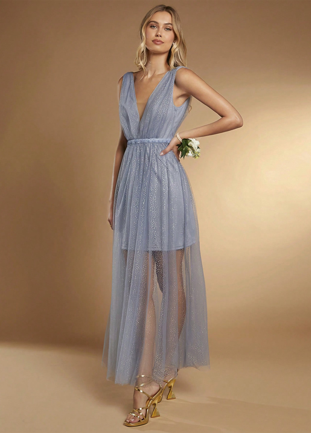 Серо-голубое праздничный, вечернее платье SHEIN однотонное